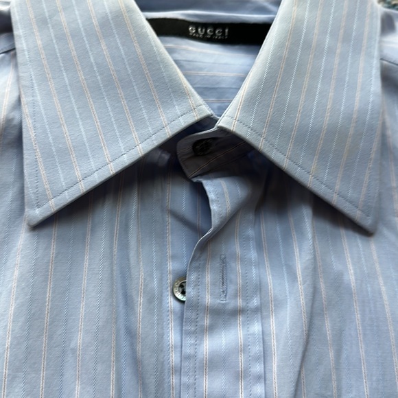 Gucci button down Shirt in light blue with lines of blue and dark red/brown - Picture 4 of 13